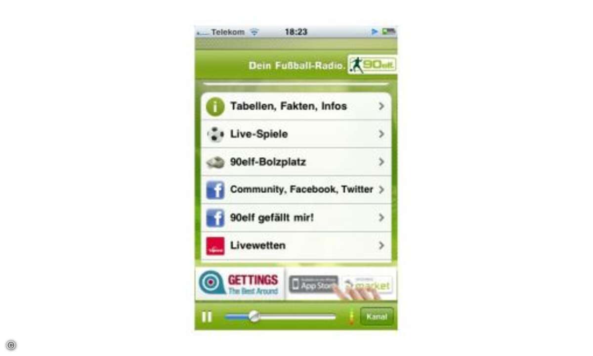 90elf  ... bekommt mit der 90elf-App das richtig Tool an die Hand. 90elf ist ein Internet-Radiosender, der alle Spiele an jedem Spieltag live und in voller Länge kommentiert. Ob nun die Partie VfB Stuttgart - Schalke 04, Werder Bremen - Kaiserslauter