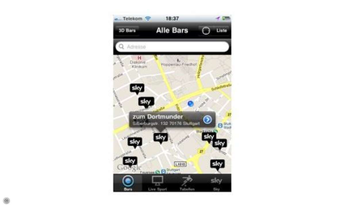 Sky Bar Finder  ... geht in eine Sky Bar. Wo sich in der näheren Umgebung eine solche Bar befindet, weiss die Sky-Bar-Finder-App. Die Anwendung lokalisiert mit Hilfe des im Smartphone integrierten GPS-Empfängers Ihren aktuellen Standort, scant die nä
