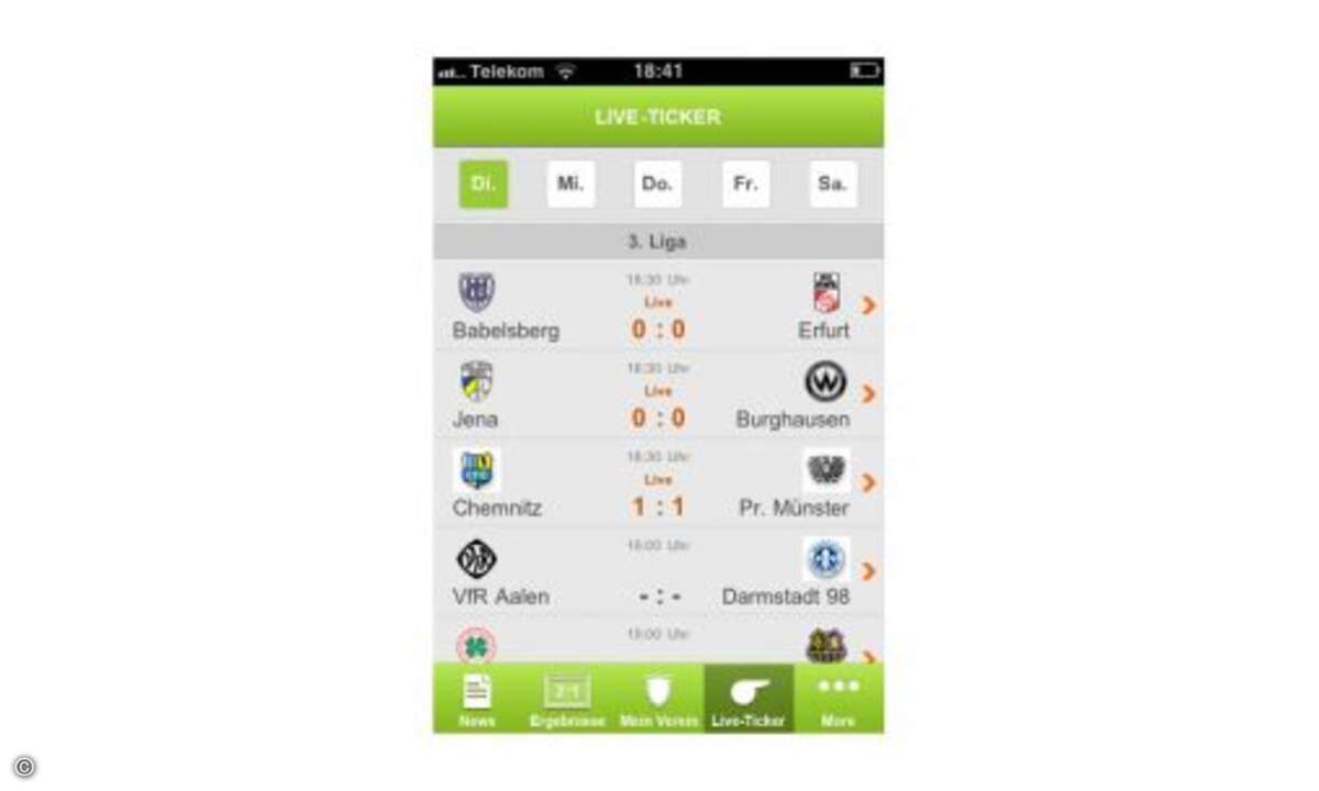 Fussball.de  ... wer aber mal schauen möchte, wie der lokale Kreisliga-Verein am Wochenende gespielt hat, bekommt mit der App von Fussball.de sogar die Ergebnisse aus den untersten Spielklassen.  Aber genug von Statistiken und Rankings... © connect