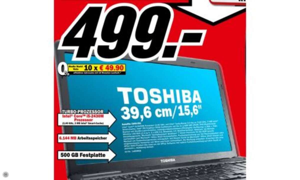 Auf Seite 1 des 2. Prospekts in 2012 prangt das 15,6 Zoll Toshiba Satellite C660-2nJ zum Preis von 499 Euro. Es entspricht heutigen Mittelklasse-Notebooks und birgt keine Überraschungen. Der Core i5-2430M Prozessor leistet eine Taktfrequenz von 2,40