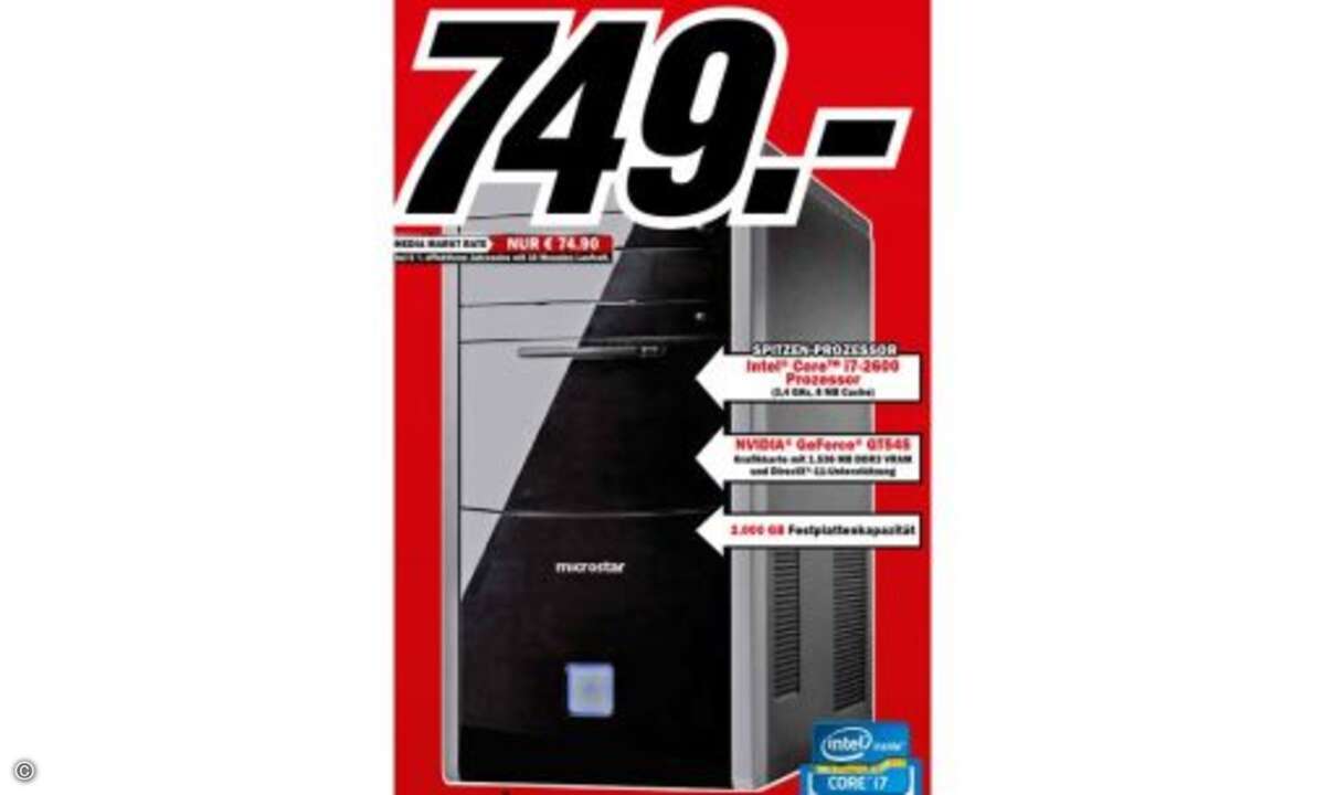 Der Desktop-PC von Microstar auf Seite 2 ist mit Intels derzeitigem Flagschiff CoreTM i7-2600 als Prozessor ausgestattet. Flankiert wird er von 8 GByte Ram und 2 TByte Festplattenplatz. Der Prospekt verrät nicht, ob diese Kapazität sich auf eine ode