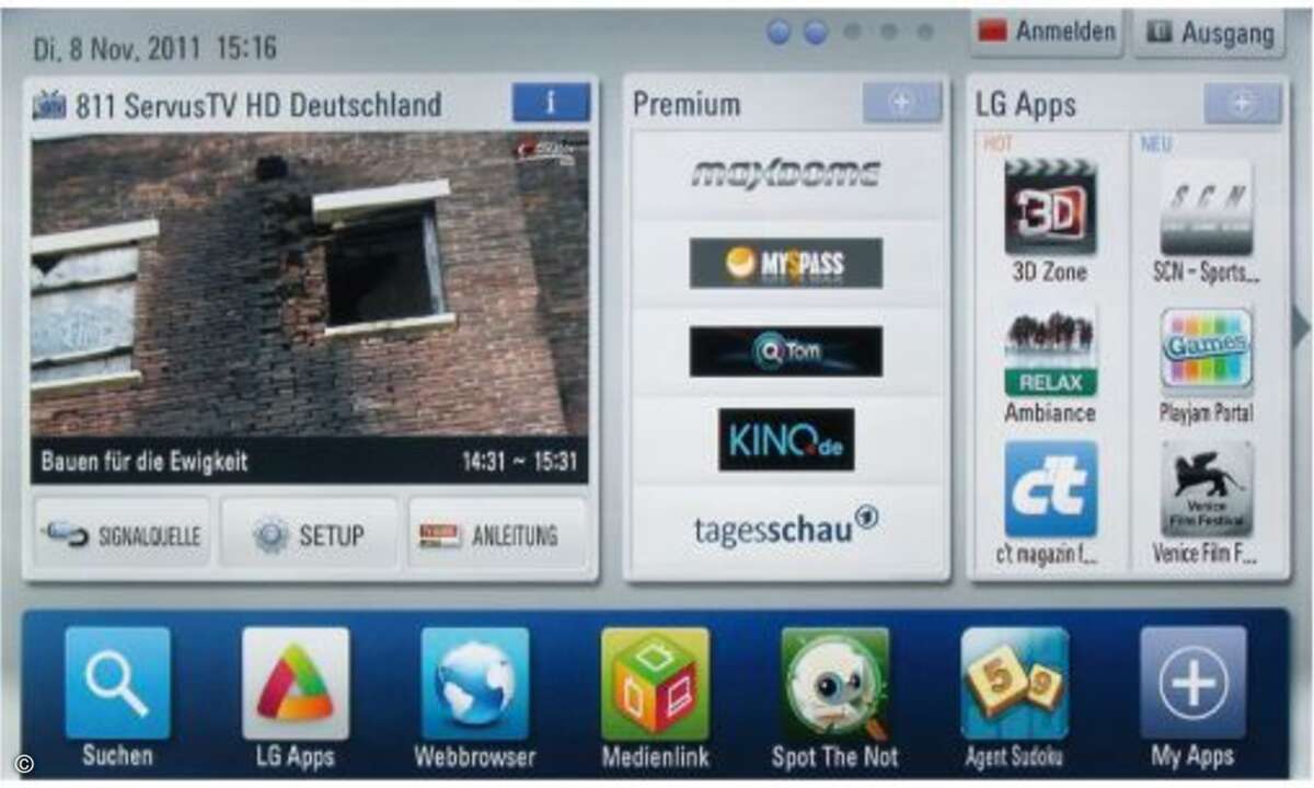 Im Home Dashboard hat der Zuschauer Zugriff auf die Premium-Dienste (Mitte), die Apps (rechts) und die Launcher Bar (unten). Hinter Anleitung verbirgt sich der TV-Guide. © Josef Bleier, Stefan Rudnic