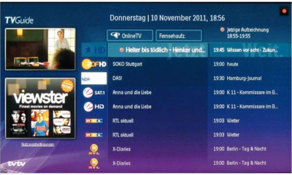 Das tvtv-EPG arbeitet zuweilen etwas träge, liefert dafür aber ein Info-Portal, das seinesgleichen sucht. Dort lassen sich nicht nur Aufnahmen programmieren und die Inhaltsangabe abrufen, sondern auch zusätzliche Informationen per Hypertext anklicken