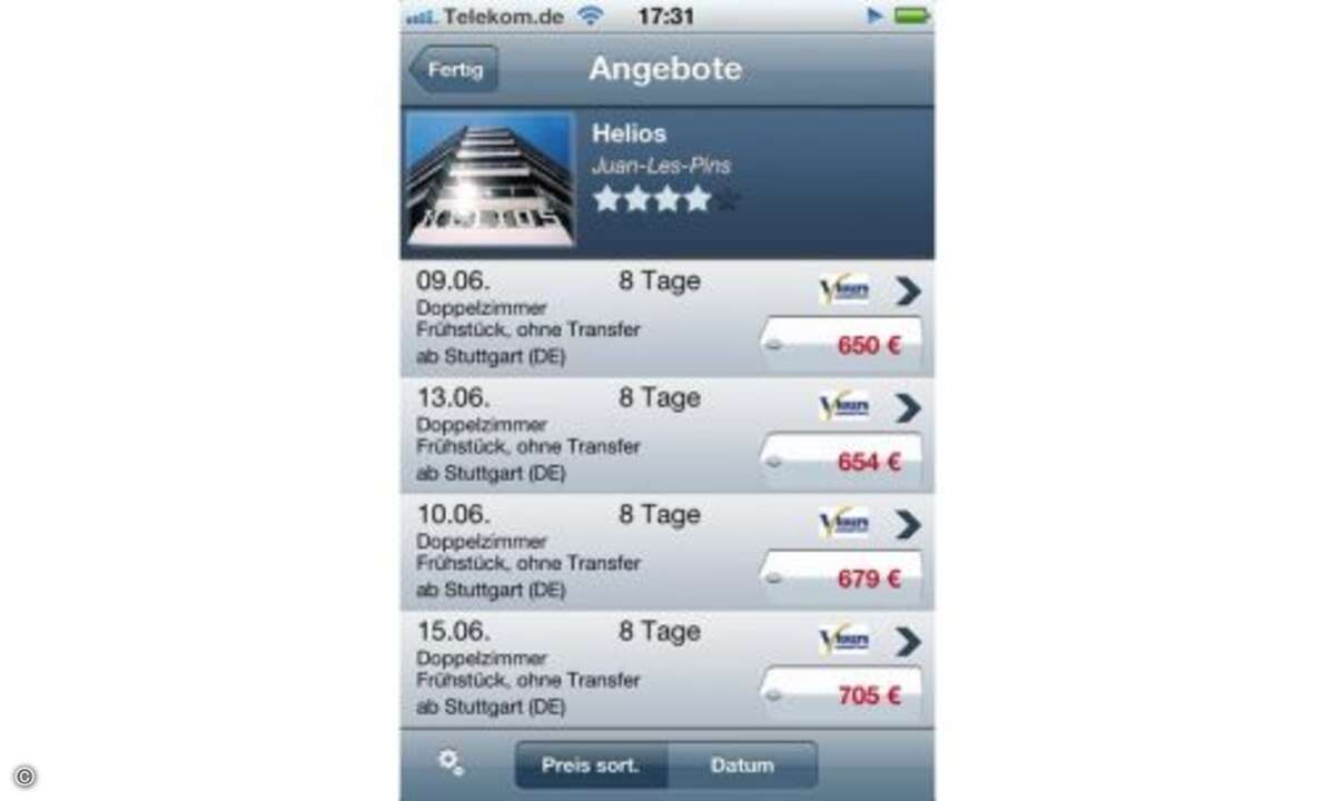 Reisesuche  Reisesuche sortiert die Ergebnisse anschließend nach dem Preis und bietet Detailinformationen zu den Hotel- und Reiseofferten. Selbstredend lässt sich der Urlaub bei Gefallen auch direkt aus der App heraus buchen. Damit die persönlichen D