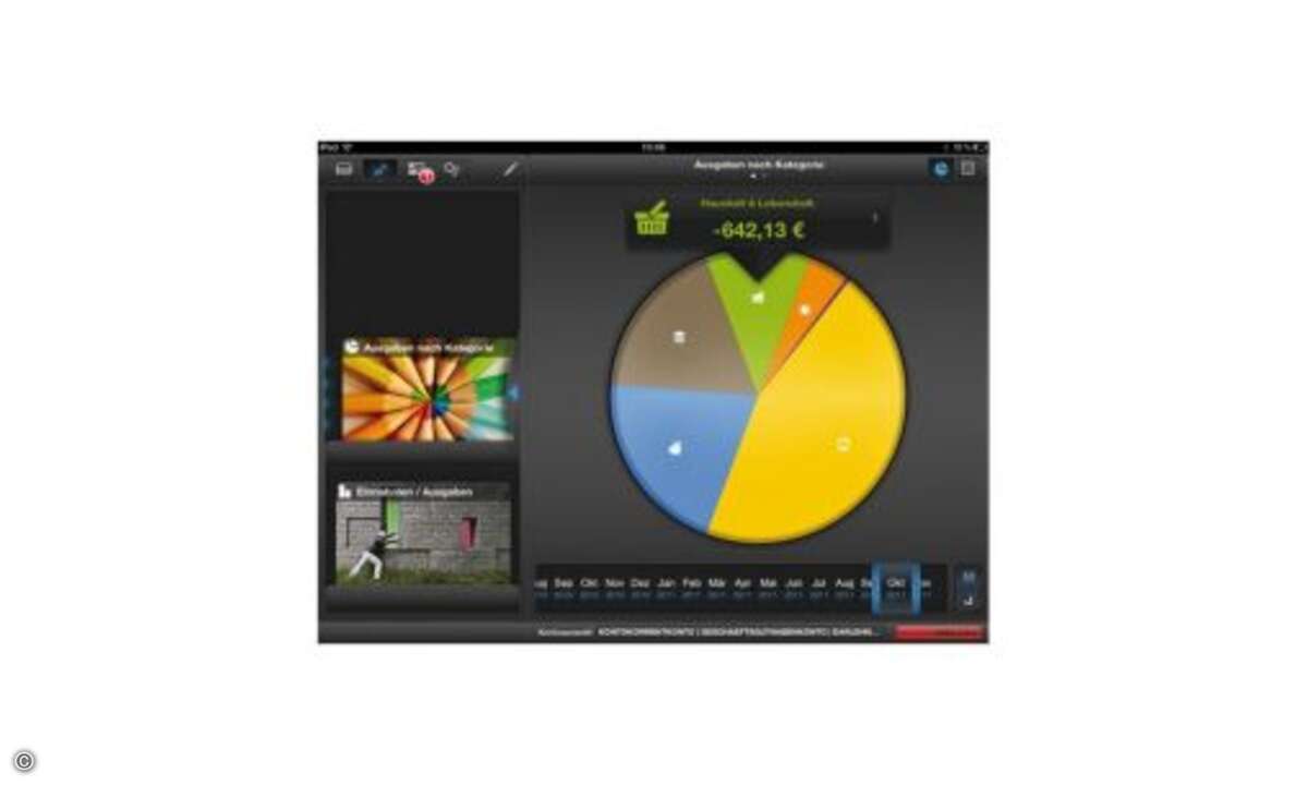 Finanzblick HD  ...Die iPad-App ordnet Umsätze auf Wunsch nach Kategorien und zeigt an, wie viele Euro man diesen Monat beispielsweise für Benzin, Lebensmittel oder Versicherungen ausgegeben hat. Wer seinen Konsum zügeln möchte, kann einen Grenzwert