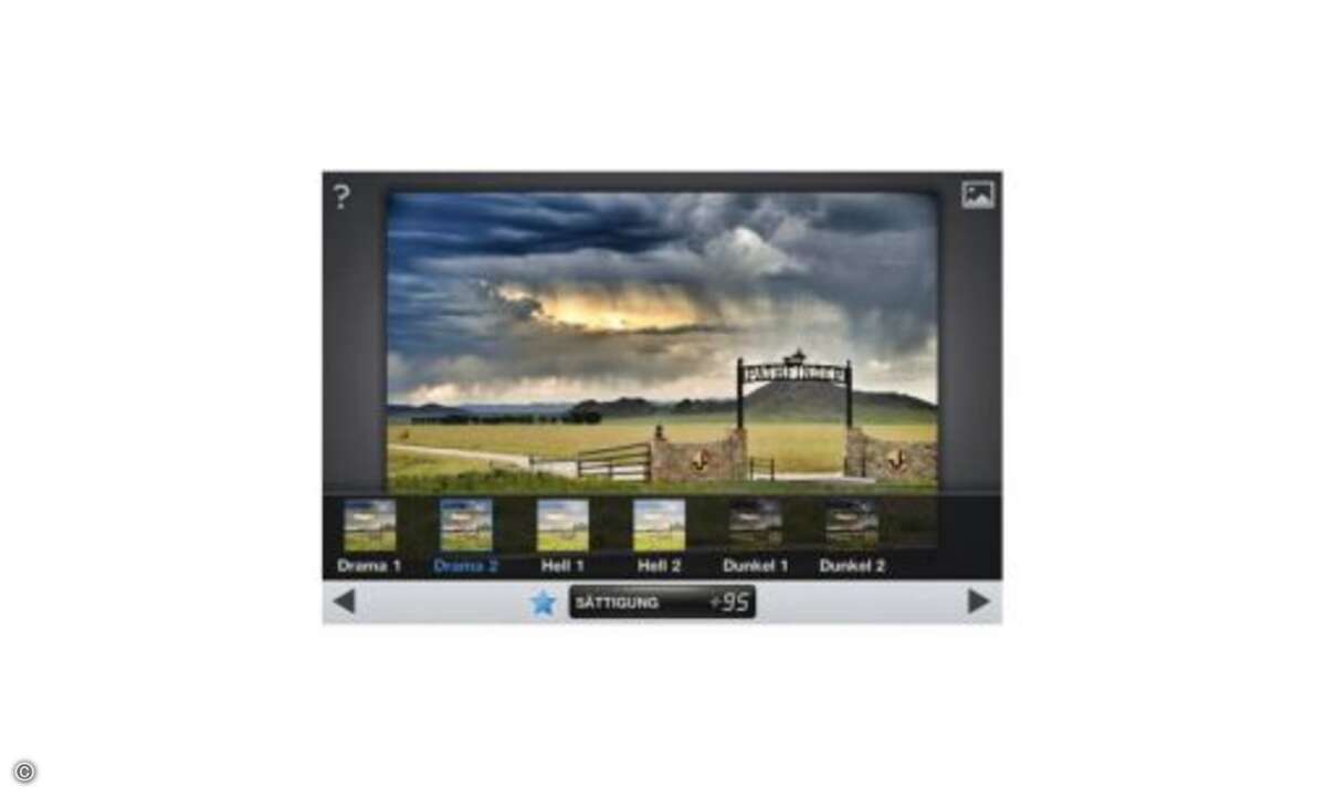 Snapseed  Ganz im Zeichen des Web 2.0 lassen sich bearbeitete Bilder mit nur zwei Handgriffen auf Facebook, Twitter und Flickr posten, per Mail verschicken oder direkt an einen kompatiblen Drucker senden. Snapseed ist für 3,99 Euro im App Store von A