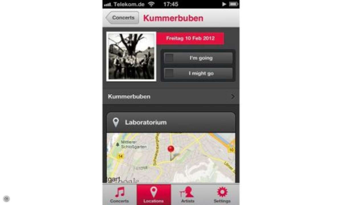 Songkick Concerts  Keinen Liveauftritt der Lieblingsband mehr verpassen: die iPhone-App Songkick scannt die Mediathek auf dem Smartphone, zeigt Tour- sowie Konzertpläne der dort gefundenen Interpreten an und trägt diese auf Wunsch in den Konzertkalen