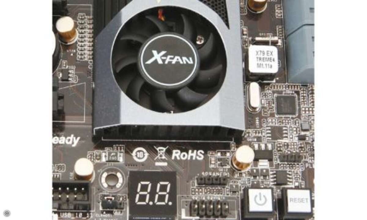 Der Chipsatzlüfter auf dem Asrock-Board läuft nur bei höheren Chiptemperaturen an. Sie können im BIOS konfiguriert werden.  © Hersteller/Archiv