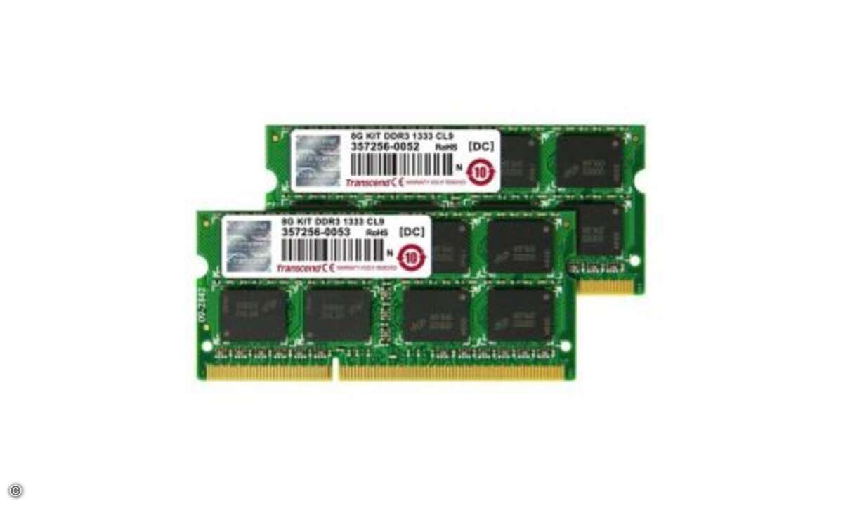 Speziell für Notebooks mit i5-und i7-Prozessor bietet Transcend RAM-Riegel an: Das Dual Channel Kit in der Ausführung 204pin DDR3-1333 PC3-10600 CL9 SO-DIMM mit zwei Riegeln zu je 4 GByte - zum Aufrüsten für ein Notebook mit 