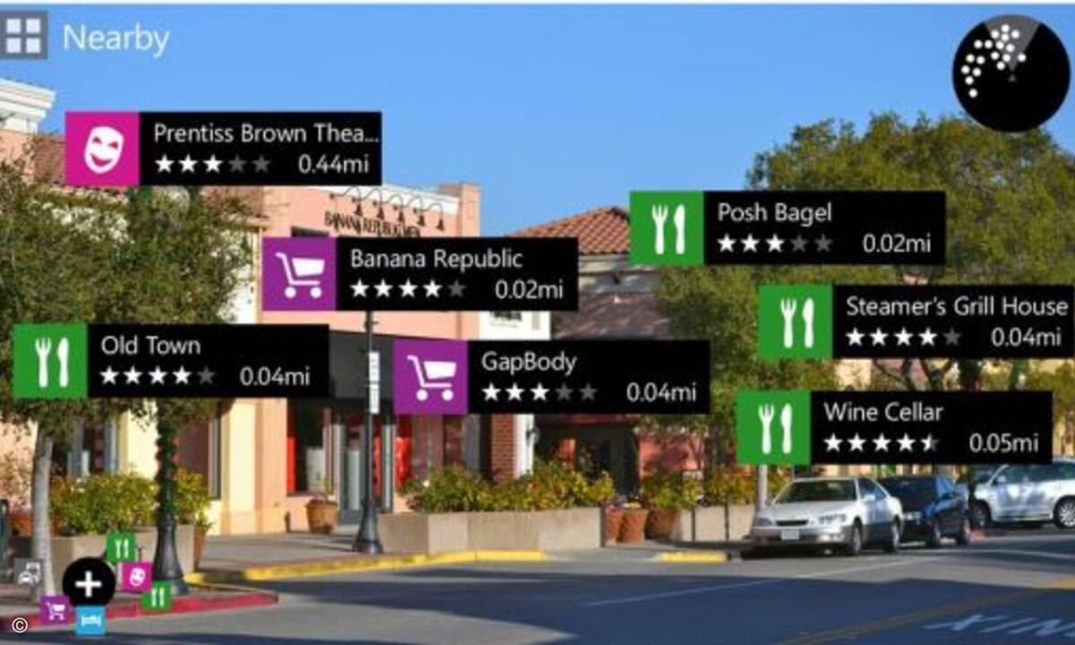 Nokia City Lens Der Augmented-Reality-Dienst Nokia City Lens hilft dem Nutzer, seine Umgebung auf eine ganz neue Art zu entdecken: Digitale Informationen werden in Echtzeit über die Kameravorschau des Smartphones gelegt. Im wahrsten Sinne des Wortes