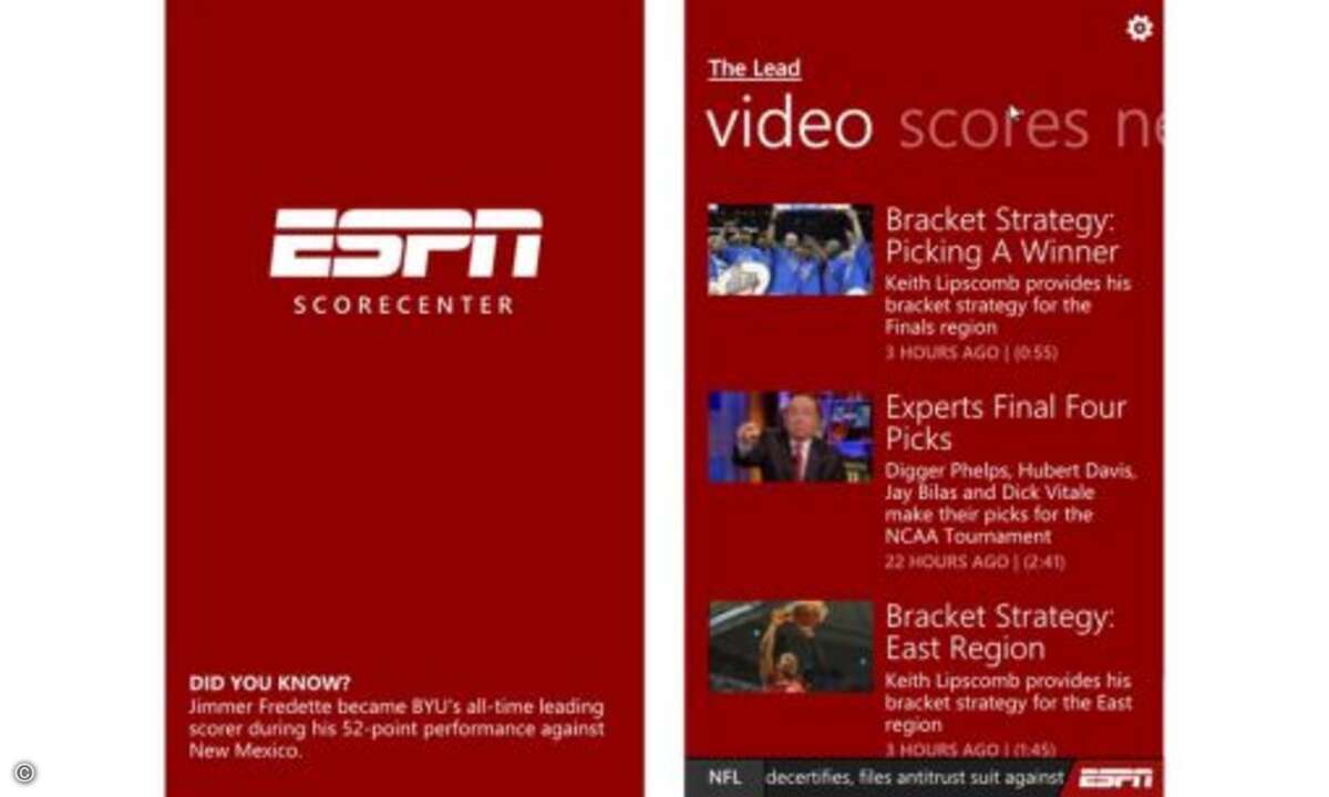ESPN Ebenfalls US-zrentriert ist die ESPN-App, die es bereits für Windows Phone gibt. Sie liefert aktuelle Videos, News und Live-Inhalte aus vielen Sportliegen weltweit, im Zentrum stehen natürlich die USA. Der bereits jetzt exklusiv für Lumias erhä