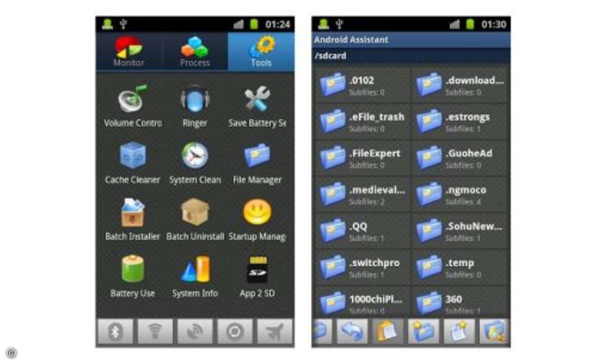 Ein Datei- und ein Autostart-Manager sind ebenfalls an Bord. Damit verhindern Sie, dass automatisch Apps und Systemprozesse gestartet werden, die Sie nicht benötigen – das bringt mehr Arbeitsspeicher und schont den Akku. Android Assistant ist eine Pf