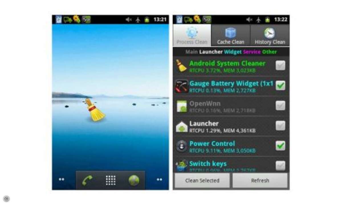 Android System Cleaner: Wer es eine Nummer kleiner mag, greift zum System Cleaner, der darauf spezialisiert ist, Platz für das Betriebssystem zu schaffen, indem nicht benötigte Hintergrundprogramme gestoppt oder deren Speicher gelöscht wird. © Anbiet