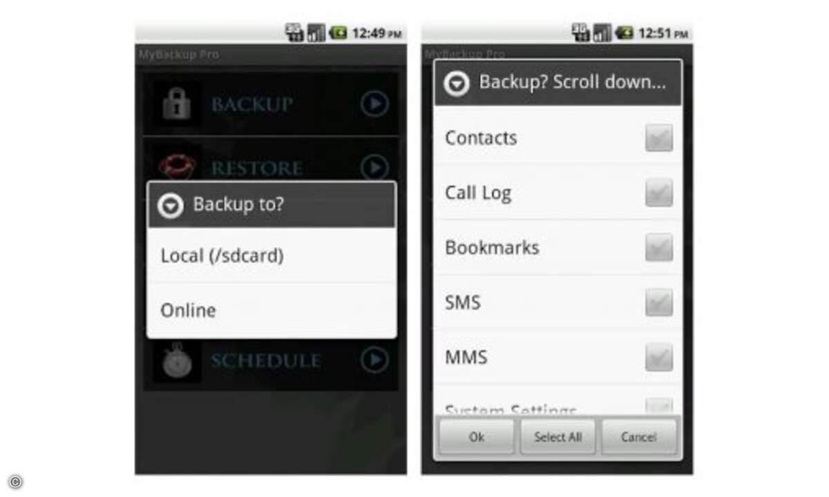 Damit kann man fix seine Anwendungen, Fotos, Kontakte, Anrufliste, Browser-Lesezeichen, SMS, MMS, Kalender, Systemeinstellungen und sogar die Homescreens inklusive der Shortcut-Positionen sichern – entweder auf SD-Karte oder einem Online-Server des A