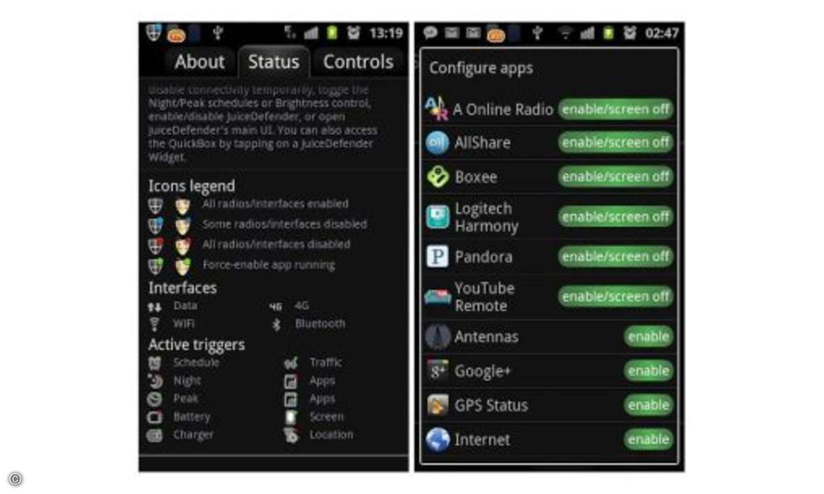 Sie können den Stromverbrauch regeln, indem Sie den Datenverkehr bei schwachem Akku automatisch abschalten lassen, automatische Synchronisierungsintervalle einstellen, bestimmten Apps den Datenverkehr immer erlauben oder verbieten, Wlan in der Nähe b