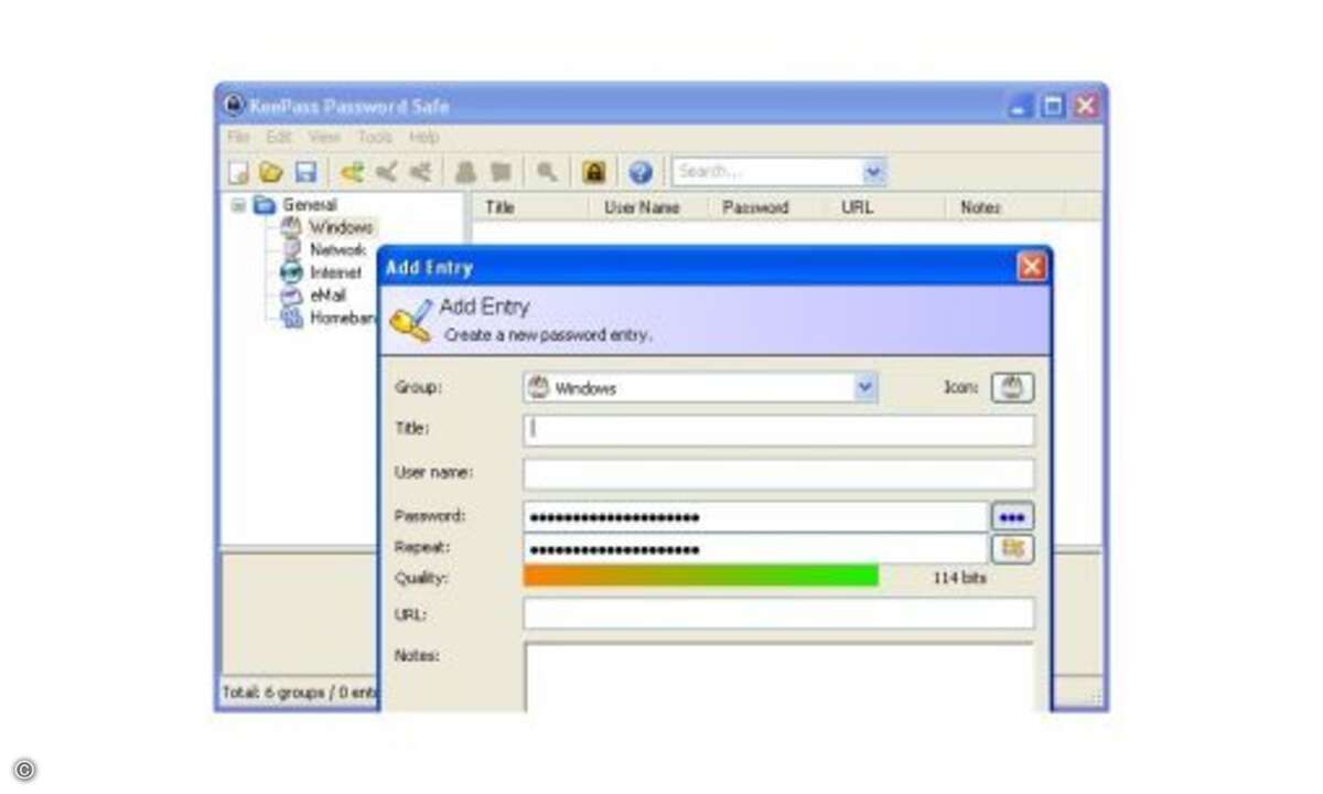 KeePass Professional organisiert Kennwörter in einer Baumstruktur und kann thematisch gleiche Einträge in Gruppen zusammenfassen. Die Datenbank der Software ist durch ein Master-Kennwort gesichert, das in Form eines Key-Files auf einem USB-Stick oder