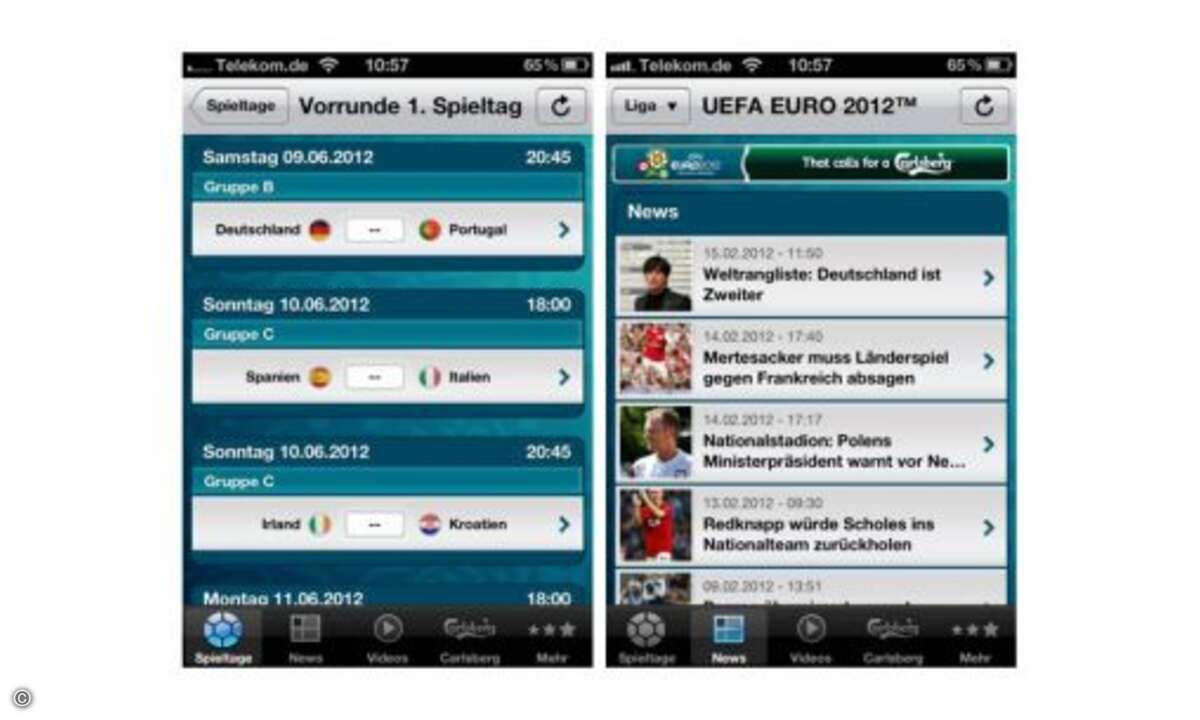 UEFA Euro 2012: Dieses Jahr steht natürlich ganz im Zeichen der Fußball EM 2012, die am 8. Juni beginnt. Um mobil immer auf dem Laufenden zu bleiben ist die von Carlsberg gesponsorte App nicht die schlechteste Wahl. © Anbieter