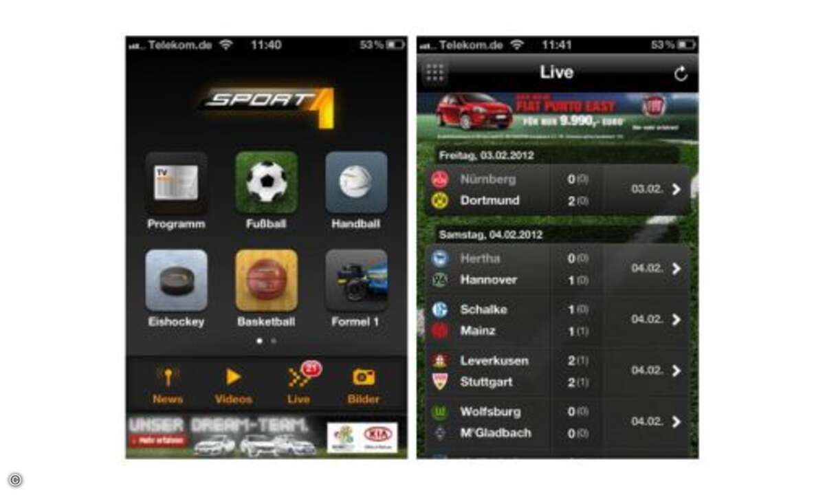 Sport 1: Im Gegensatz zu den bisher vorgestellten Programmen handelt es sich hier um eine Universal-App, die über verschiedene Sportereignisse informiert: Fuß-, Hand- und Basketball sowie MotoGP und Formel 1. © Anbieter