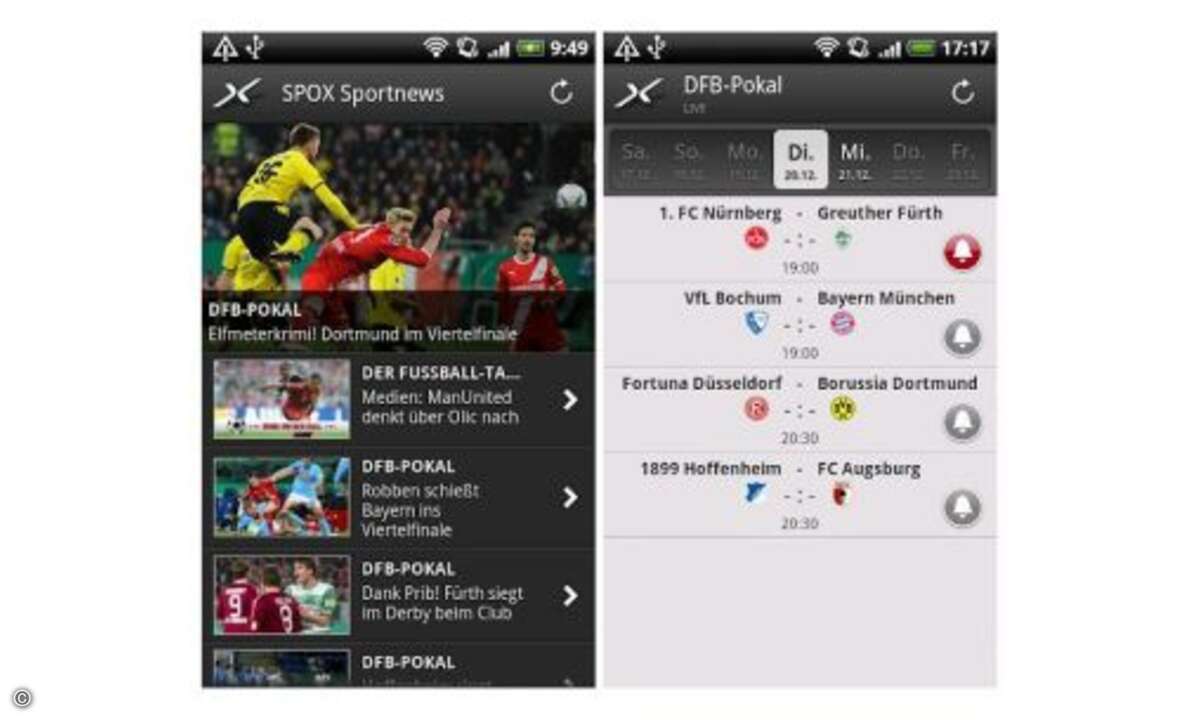 Spox: Das Online-Portal Spox hat ebenfalls eine Sport-App gebastelt. Die bietet News, Spielberichte und Hintergründe aus den Bereichen Fußball, Formel 1, US-Sport, Eishockey, Basketball, Handball, Boxen, Golf, Wintersport. © Anbieter