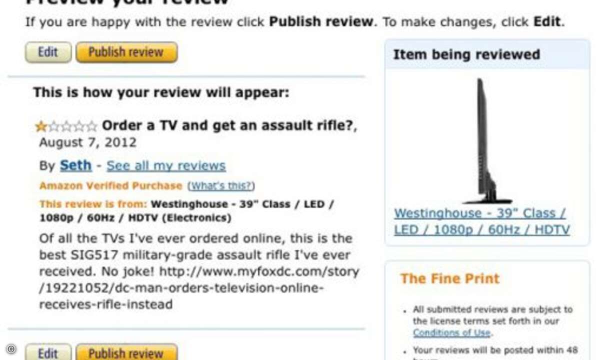 Natürlich wollte Horvitz auch eine Rezension hinterlassen; Amazon wies diese allerdings ab. © Wired