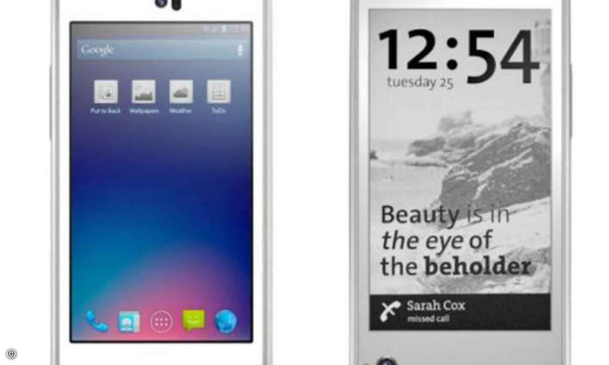 Yota Phone: Yota Devices hat ein Android-Smartphone angekündigt, das zwei 4,3 Zoll-Displays besitzt, ein LC-Display und eine stromsparende E-Ink-Anzeige. Das muss allerdings erst einmal fertig werden, Yota Devices will das noch in diesem Jahr schaffe