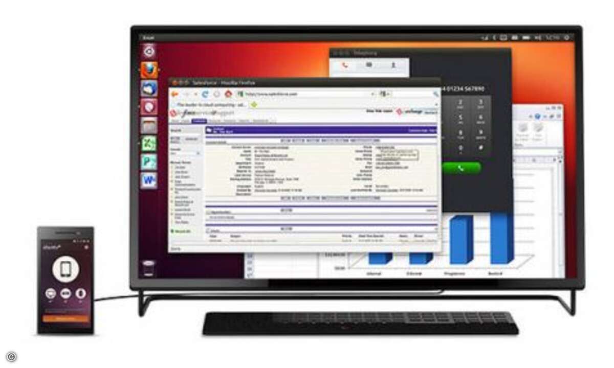 Reichen muss die Leistung des Prozessors in jedem Fall für Desktop-Anwendungen. Denn das Edge bietet auch ein vollwertiges Ubuntu-Betriebssystem, das über HDMI per Plug&Play mit einem Ausgabegerät verbunden werden kann. Mal eben vom PC aus ein Telefo