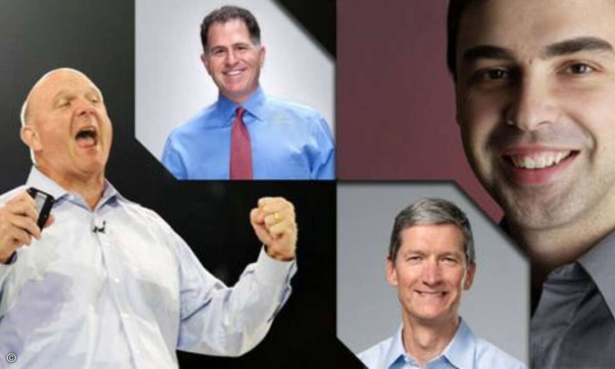 Sie sind die wohl bekanntesten Gesichter der amerikanischen Tech-Industrie: Microsoft-Chef Steve Ballmer, Dells CEO Michael Dell, Apple-Lenker Tim Cook und Google-Gründer Larry Page (v.l.n.r.). Cook verdiente 2012 mit 14,8 Mio. Dollar am besten. Dage
