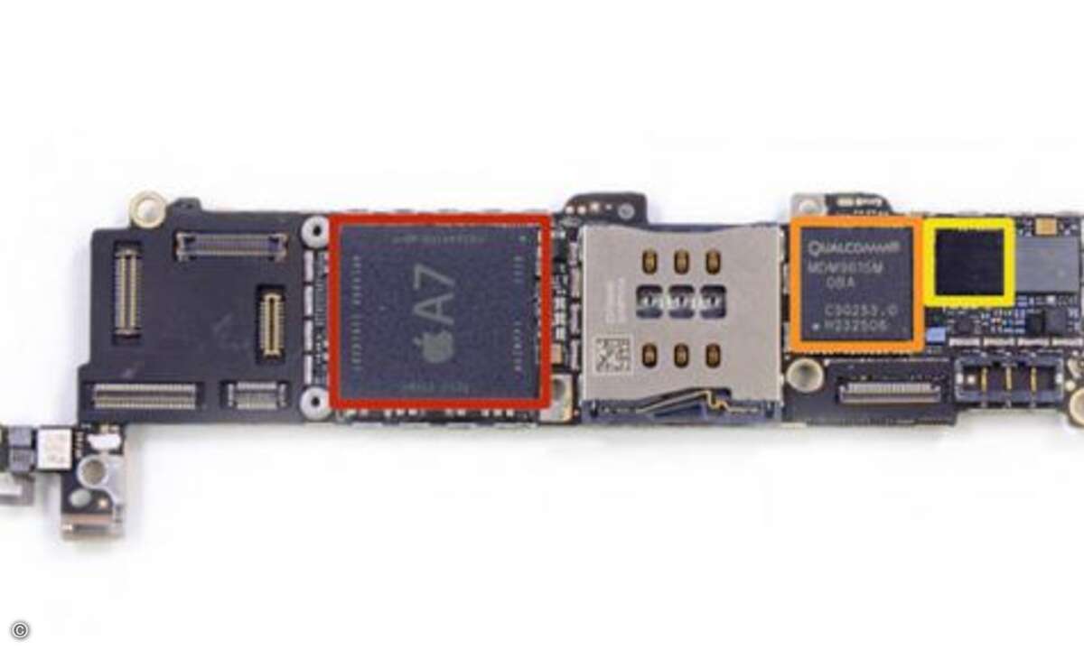 Hier ist nun die Schaltzentrale des neuen Oberklasse-Smartphones: Der Apple A7-Prozessor (rot, APL0698). Außerdem ist das LTE-Modem von Qualcomm (orange, MDM9615M) zu erkennen. Der Transceiver stammt ebenfalls von Qualcomm (gelb, WTR1605L). Der Kopro