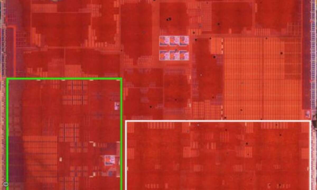Das Die-Foto des A7 gibt Aufschluss über dessen Innenleben. Der grüne Rahmen zeigt die beiden Cyclone-Cores, der weiße die vier GPU-Cores. Der neue Prozessor wurde von Apple designed und wird von Samsung gefertigt. Dabei kommt das von Samsung Exynos
