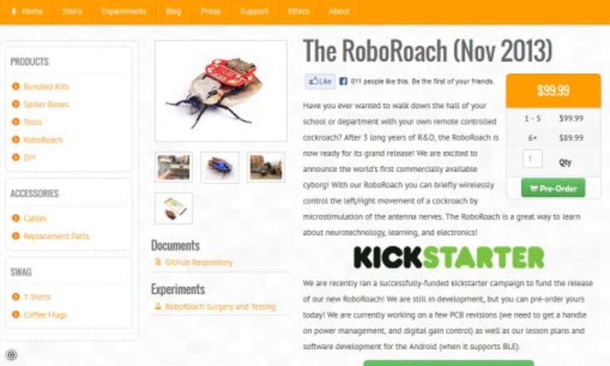 Dank Crowdfunding kann sich ab November jeder eine Robo Roach bestellen. (Bild: backyardbrains.com)