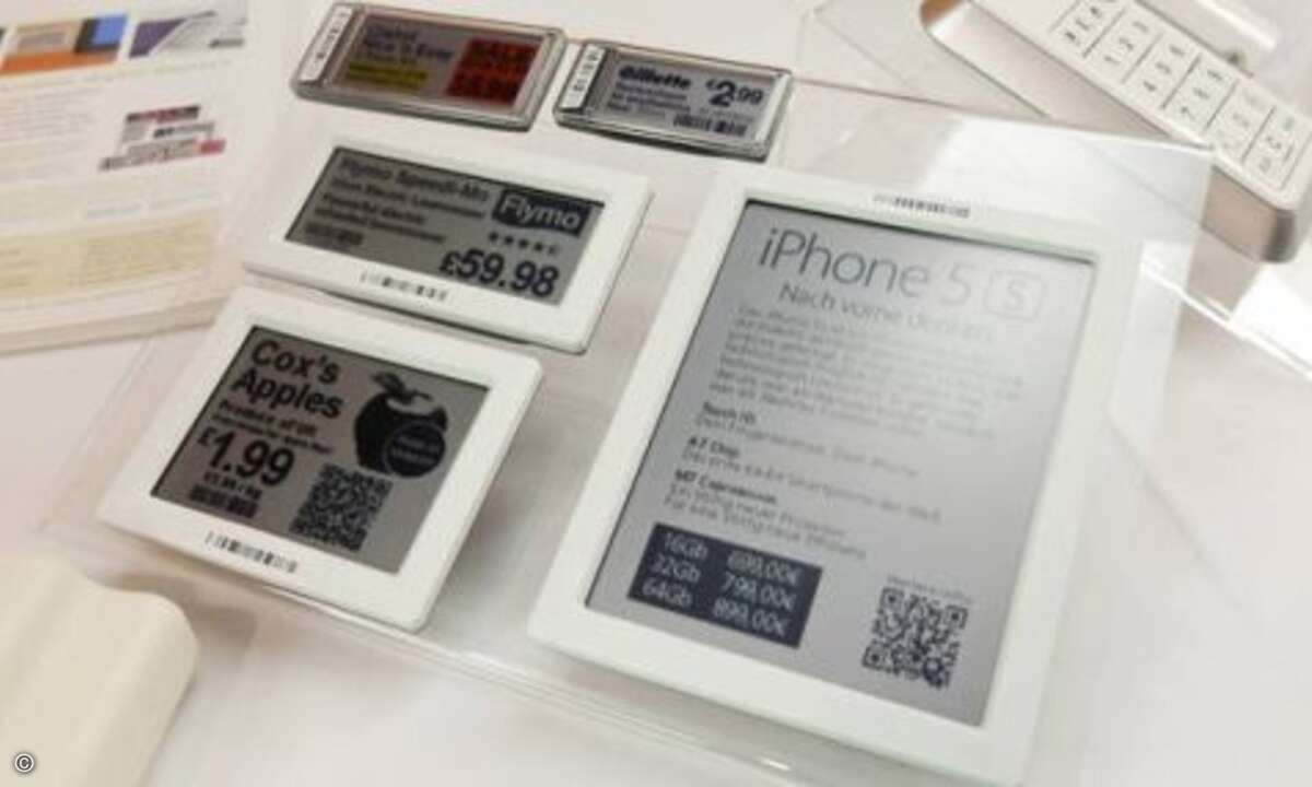 Ändern sich die Preise im Supermarkt bald so oft wie an der Tankstelle? Mit diesen E-Ink-Preisschildern wäre das möglich. (Bild: elektroniknet.de)