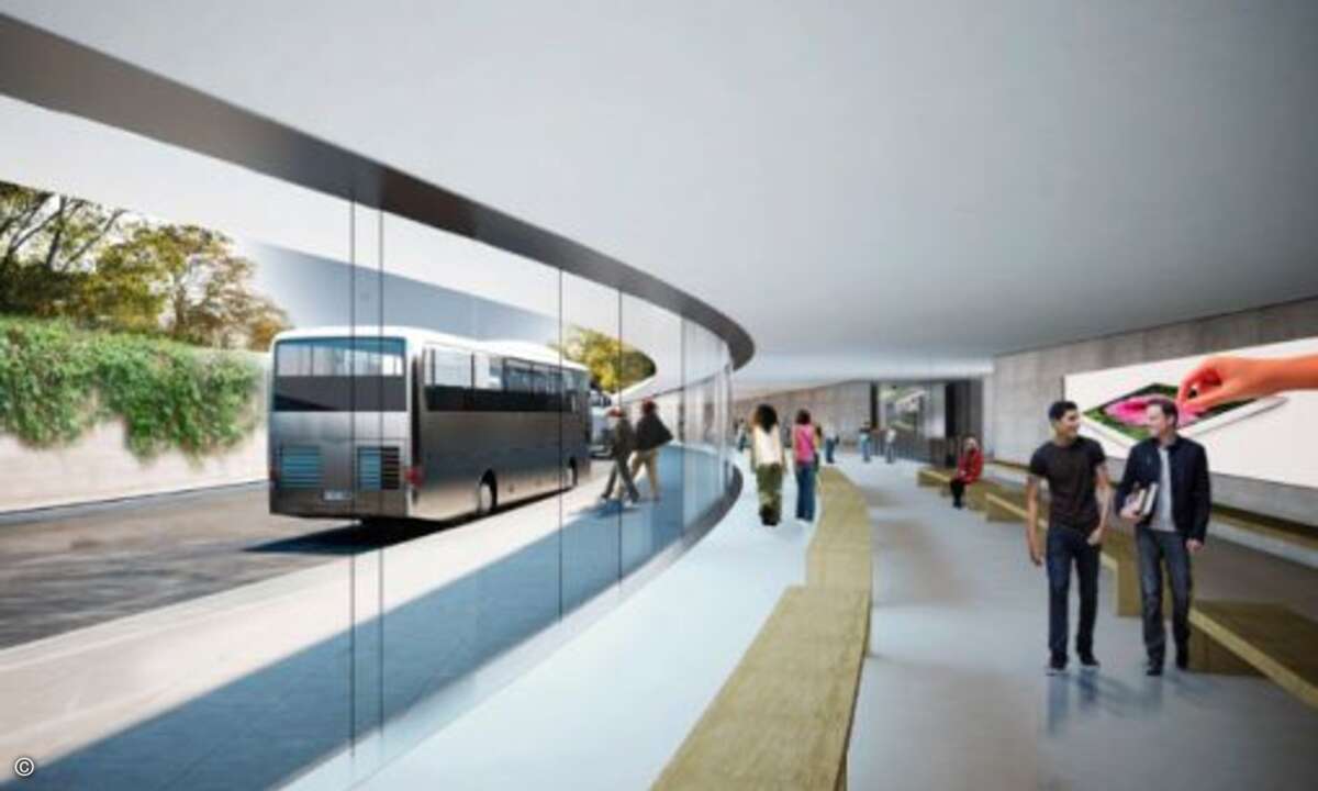 Busse bringen die Angestellten zum Firmengebäude (Foto: Cupertino)