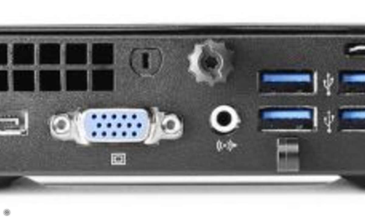 Der EliteDesk ist mit verschiedener Hardware konfigurierbar. Fest verbaut sind die sechs USB 3.0-Anschlüsse, zwei Display-Ports und die integrierte WLAN-Antenne. Im Leerlauf bringt es der Kleinrechner auf schlanke 8 Watt Stromverbrauch und damit soll