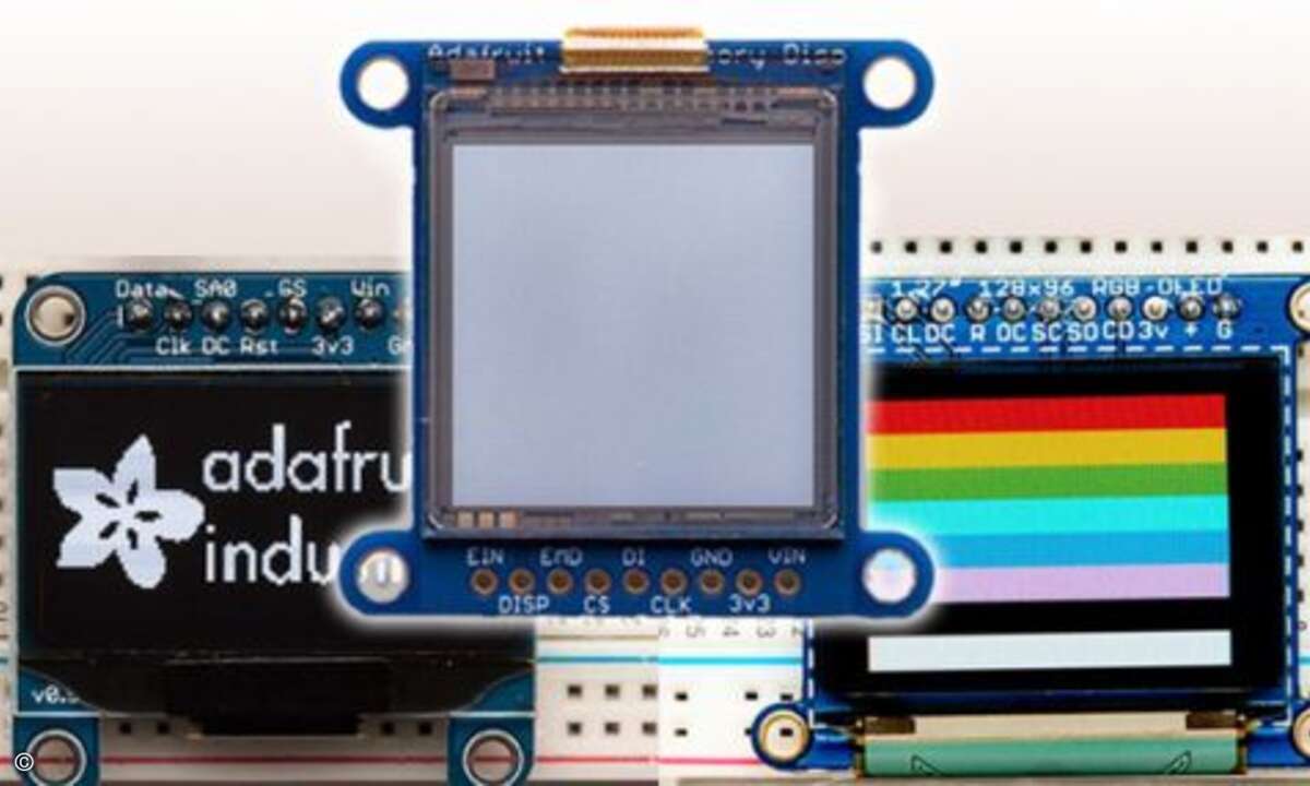 In Sachen Display führt Cook drei mögliche Varianten auf. Im Prototyp ist das schwarz-weiße OLED verbaut (unten links), welches nur geringe Anforderungen an den Speicher stellt und mit 18 Euro die günstigste Alternative ist. Während dieses Display 30