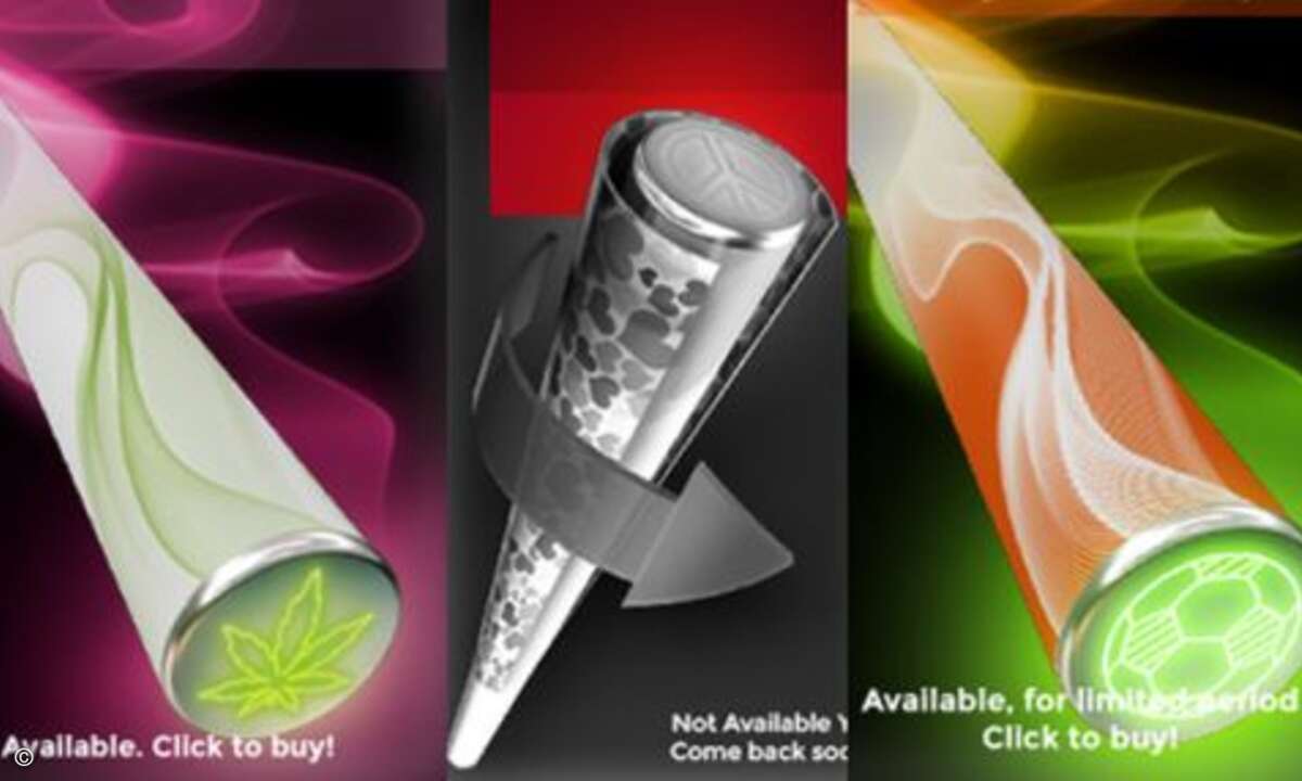 Die unterschiedlichen Ausführungen des e-Joints im Überblick: Neben der Standardversion mit Cannabis-Emblem (links) gibt es eine WM-Variante mit Fußball-Logo (rechts). In Zukunft soll man auch eigene e-Joints designen können (Mitte). (Bild: E-Njoint)