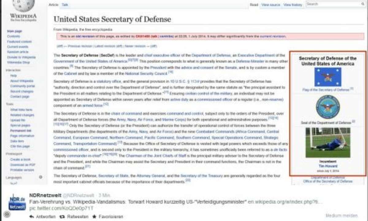 Spaßvögel machten ihn auf Wikipedia sogar kurzzeitig zum US-Verteidigungsminister. (Quelle: Twitter)