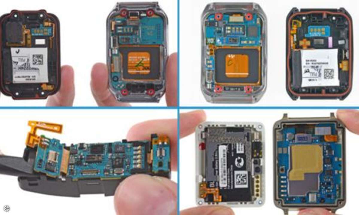 ... sehen die Uhren recht ähnlich aus. Fast alle bestehen aus zwei Hälften - eine enthält den Akku, Kabel für die Stromversorgung und den Vibrationsmotor, die andere die Hauptplatine und das Display. Die Gear Fit tanzt wieder aus der Reihe: Die gesam
