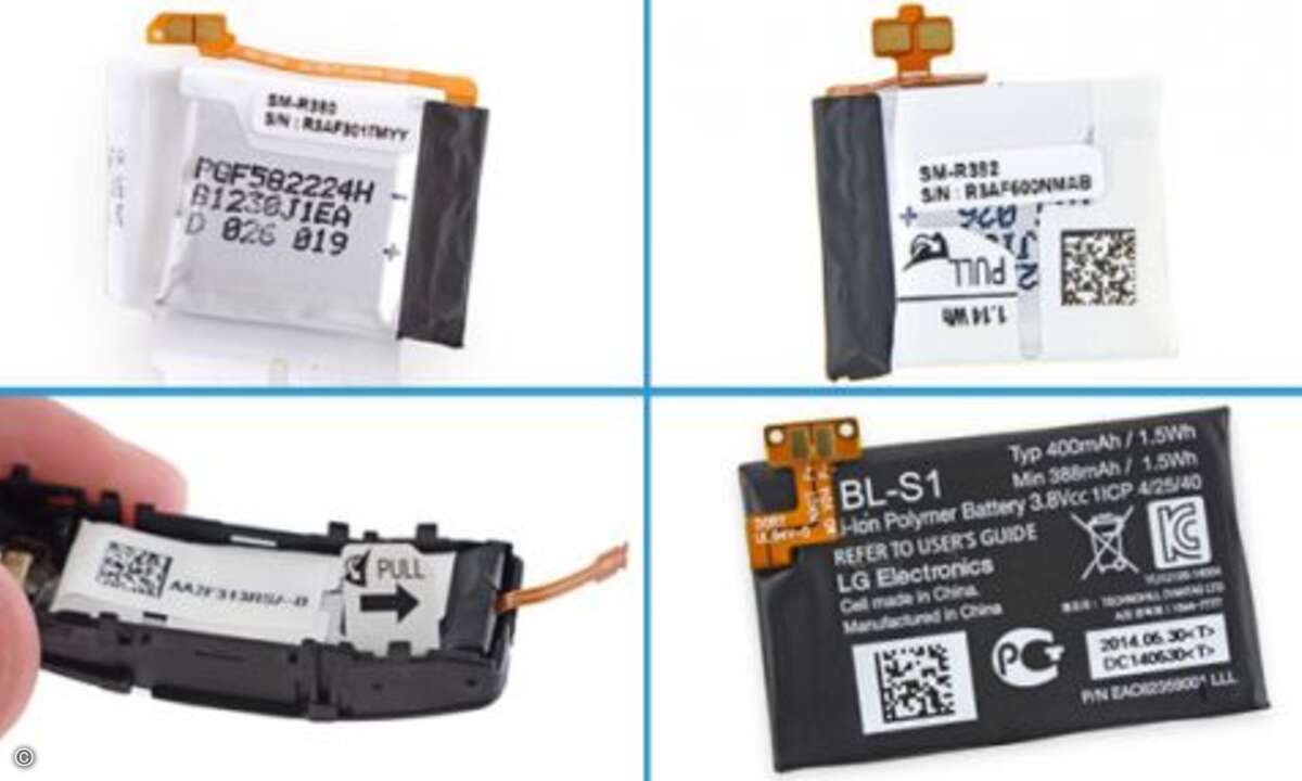 Der Akku nimmt in jeder der Uhren den meisten Platz ein. Unterschiede gibt es jedoch bei der Kapazität. Den dicksten Akku spendiert LG seiner G Watch - 400 mAh (1,5 Wh). Das sind 33% mehr als die Konkurrenten von Samsung - Gear 2 und Gear Live müssen