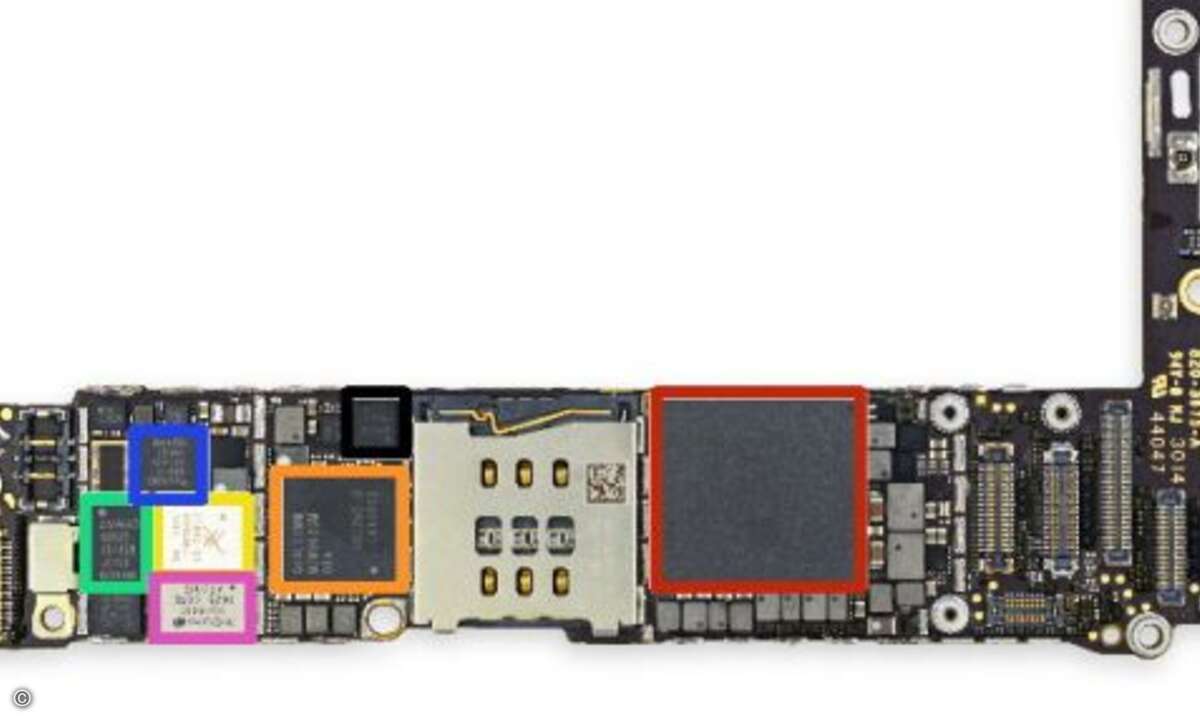 Die Oberseite des Logik-Boards mit Prozessor A8 (rot), LTE-Modem (orange), diverse Leistungsverstärker (blau, grün, gelb, pink) und Gyroskop-/Beschleunigungsmesser-Kombination (schwarz). (Foto: iFixit)
