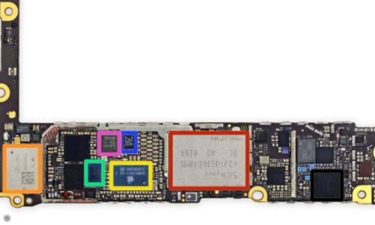 Die Unterseite mit Flash (rot), WiFi (orange), M8 (blau), NFC (pink), Touchsctreen-Controller (grün), Stromversorgungs-IC (gelb) und HF-Transceiver (schwarz). (Foto: iFixit)