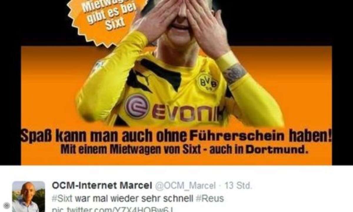 Sixt nutzte das Fehlverhalten von Marco Reus direkt für seine Werbe-Zwecke (Quelle: Twitter.com - Screenshoot: CRN)