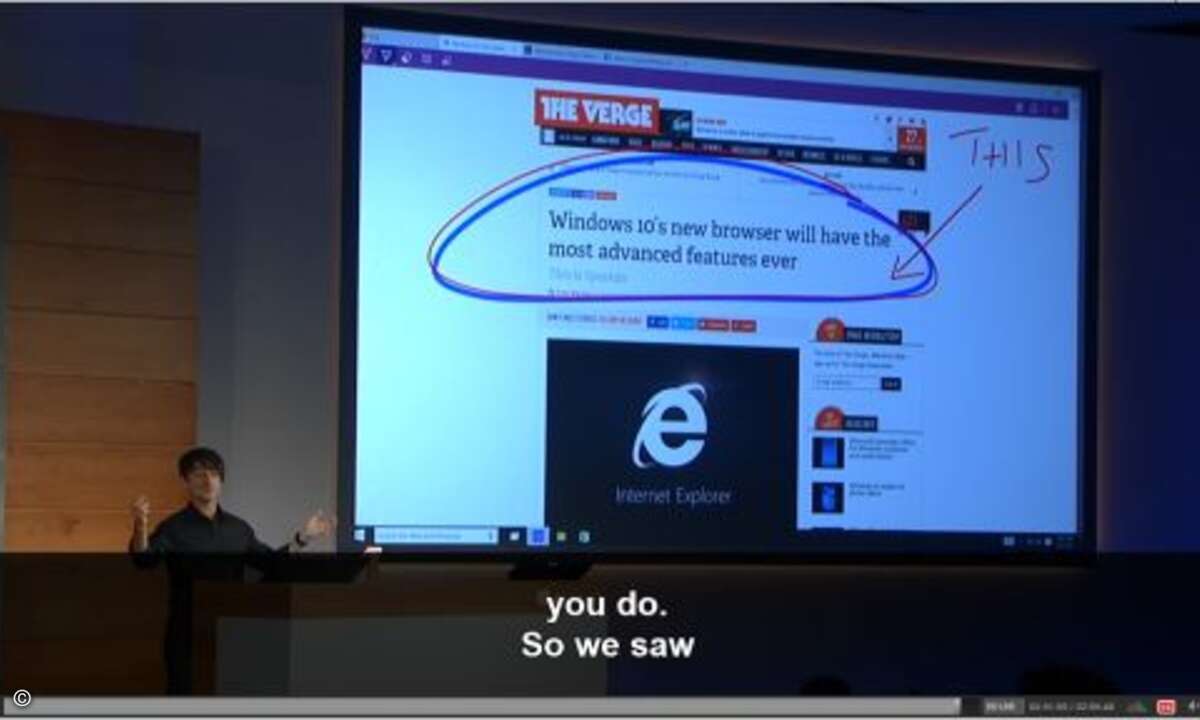 ... oder auch der neue Browser Spartan, in dem man beispielsweise Kommentare in Webseitenansichten schreiben und diese dann teilen kann (Bild: Screenshot Microsoft Livestream)