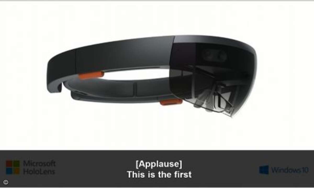 Die Brille beinhaltet sämtliche Bauteile wie CPU und Speicher und muss laut Microsoft nicht mit einem anderen Gerät verbunden werden (Bild: Screenshot Microsoft Livestream)