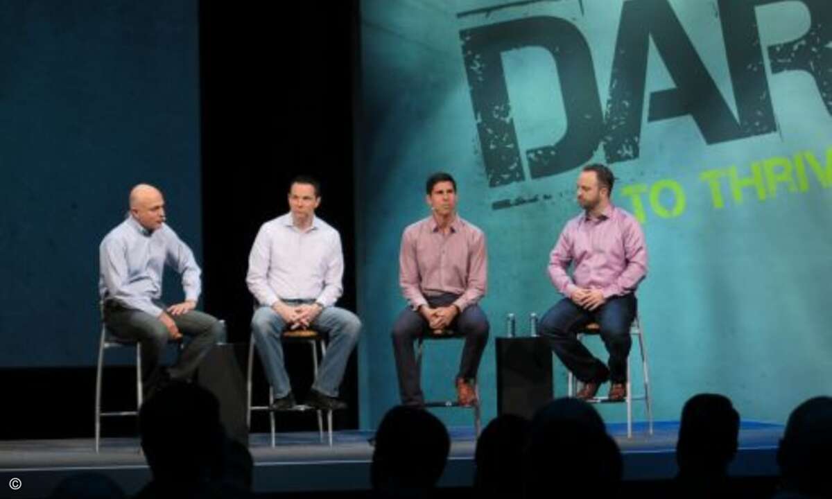 Die Keynote am Mittwoch bestritten die vier CTOs von VMware: Ben Fathi, Chris Wolf (Americas), Kit Colbert (Cloud-Native Apps) und Joe Baguley (EMEA). (Foto: CRN)