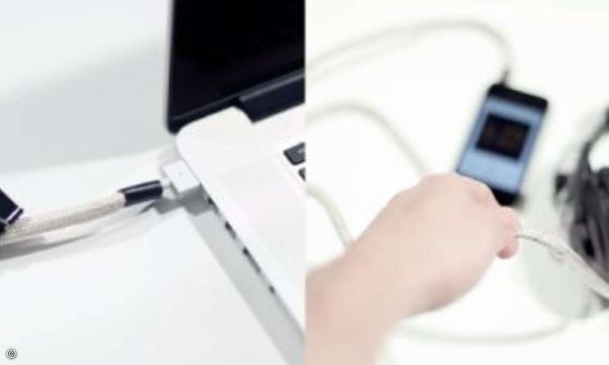 Links: Clip dran und der Rechner wechselt in den Schlafmodus / Rechts: Kabel drücken und die Musikwiedergabe pausiert (Foto: Fluid Interfaces Group / MIT)