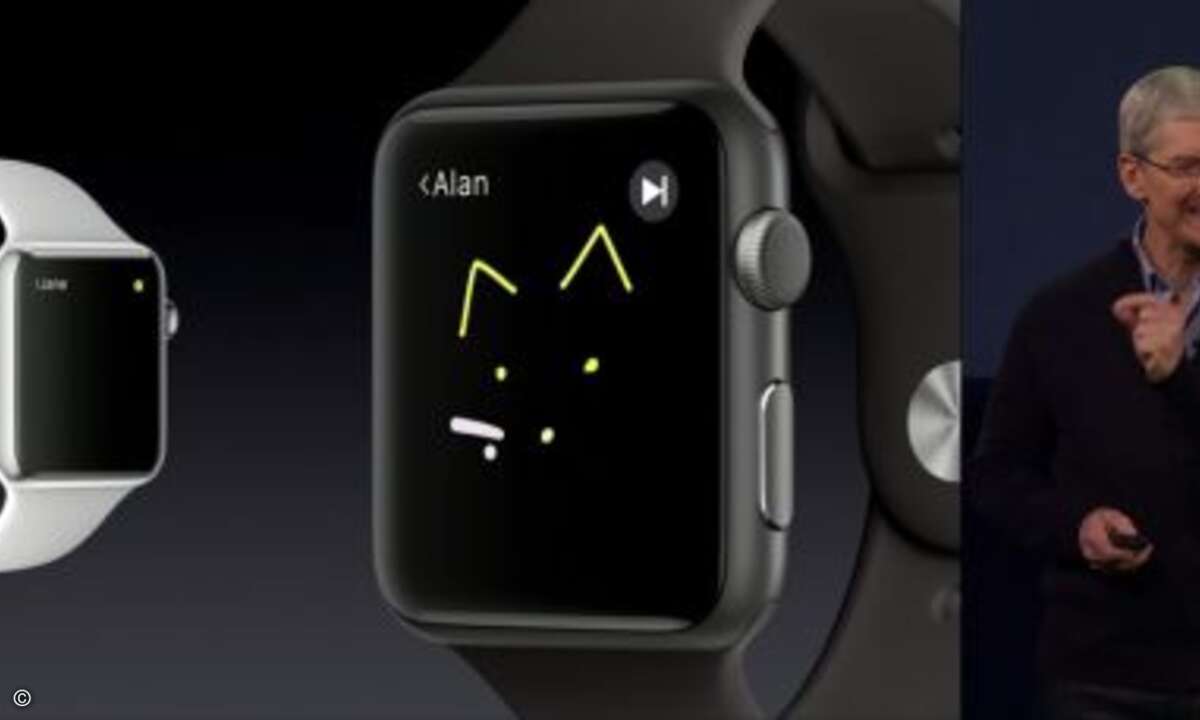 Killerfeature: Nutzer können Apple Watches miteinander vernetzen und sich gegenseitig Zeichnungen schicken, die über das Display eingegeben werden. Laut Cook eine vollkommen neue Form des miteinander Kommunizierens (Foto: Apple / Screenshot CRN)