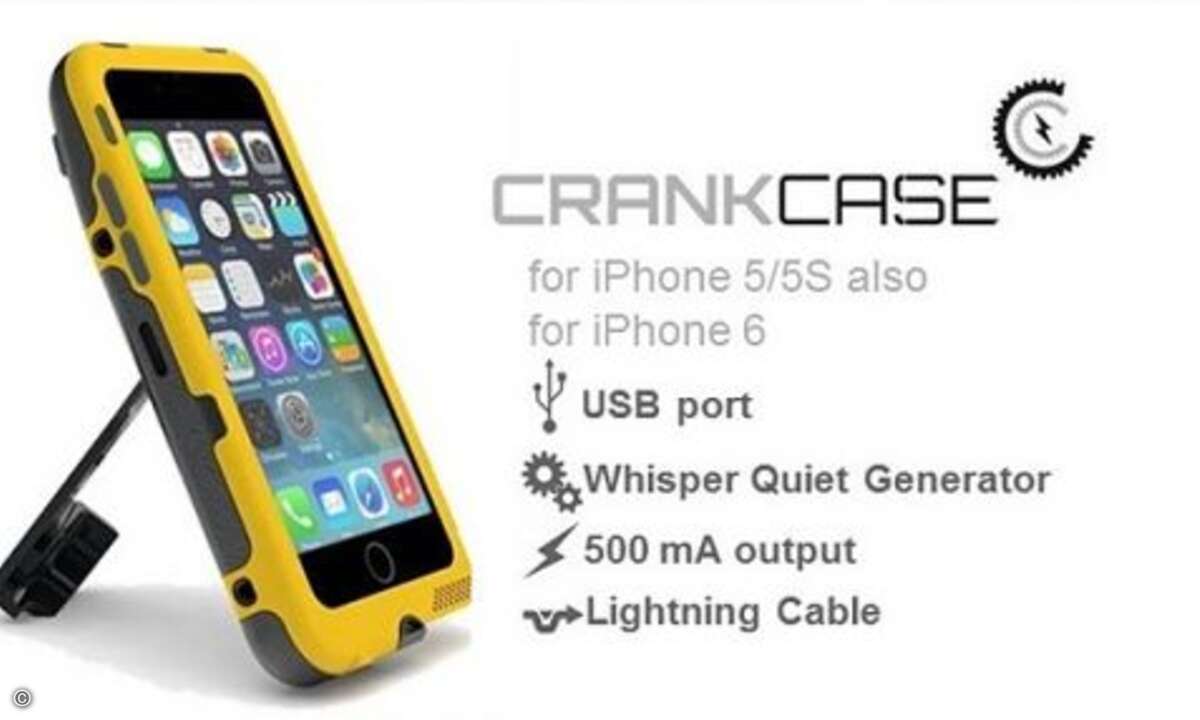 Ein neues Gadget für iPhones kommt aus Baton Rouge in Amerika: Ein Gehäuse mit ausklappbarer Kurbel. (Foto: Indiegogo/Ampware)
