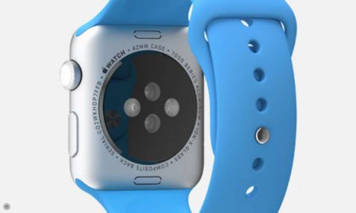 Auf der Rückseite der Apple Watch sitzt der Pulsmesser. Die LEDs und Photodioden werden von einem Plastikcover geschützt. Bei den teureren Modellen kommen hier Saphirglas und Zirkonium-Keramik zum Einsatz. Über eine Kombination aus Infrarot- und opti