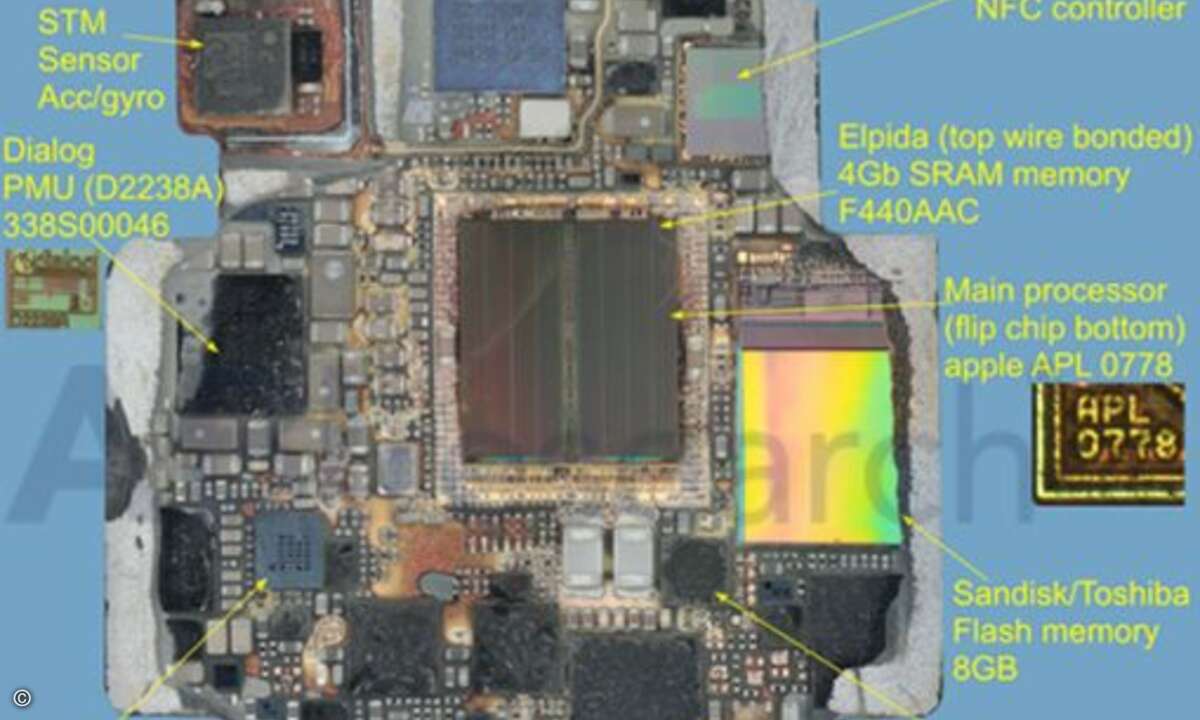 ...ist erst im Röntgenscan von ABI Research zu sehen (Chip APL 0778). Für die Kommunikation steht ein Broadcom BCM43342 bereit, der neben WLAN, Bluetooth und NFC auch FM Radio beherrschen würde, wobei diese Funktion nicht genutzt wird. Weitergehende