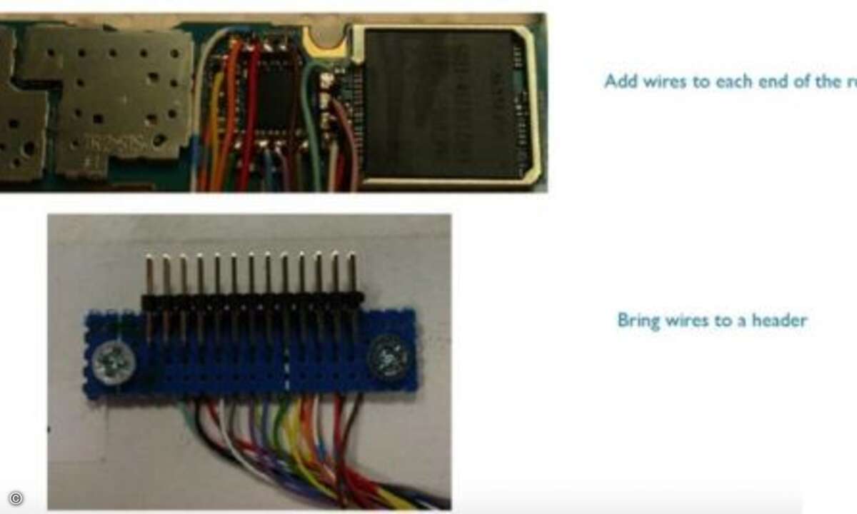 Bild mit eingelöteten Meßwiderständen und Kabeln zum Stecker für alle zu untersuchende Funktionsblöcke. (Foto: ARM)